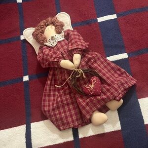 Vintage Doll Handmade Folk Art Cloth Doll Angel Valentine’s Day heart wreath